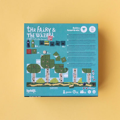 Rückseite der Spielbox „The Fairy &amp; The Wizard“ mit Spielaufbau, Anleitung und Illustrationen.