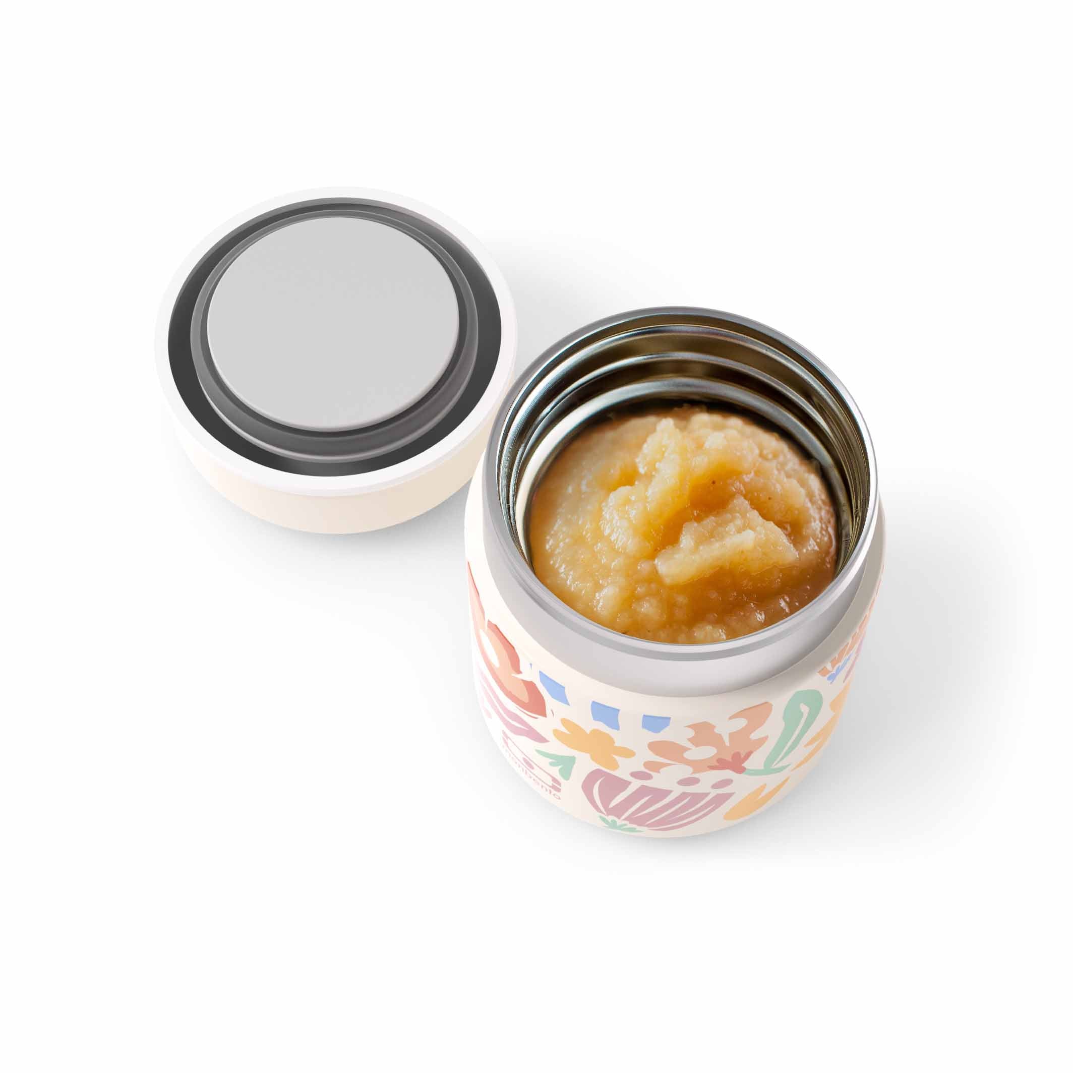 Bunte Monbento MB Capsule Thermobox Papercut, geöffnet und mit warmem Apfelmus gefüllt – isotherme Lunchbox für Kinder und Erwachsene, erhältlich im Waldpark Hochreiter Shop