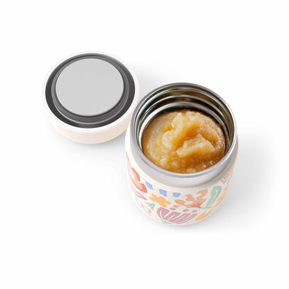 Bunte Monbento MB Capsule Thermobox Papercut, geöffnet und mit warmem Apfelmus gefüllt – isotherme Lunchbox für Kinder und Erwachsene, erhältlich im Waldpark Hochreiter Shop