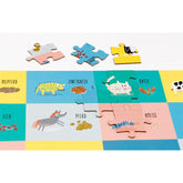 Puzzleausschnitt im Aufbau: Katze, Pferd, Zibetkatze und Ameise mit passenden Kot-Illustrationen.