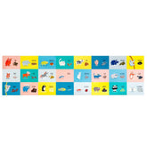 Fertiges, ausgebreitetes Puzzle mit vielen Tieren und deren Kotspuren nebeneinander auf bunten Feldern.