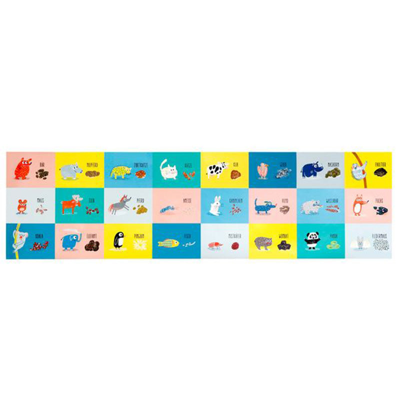 Fertiges, ausgebreitetes Puzzle mit vielen Tieren und deren Kotspuren nebeneinander auf bunten Feldern.