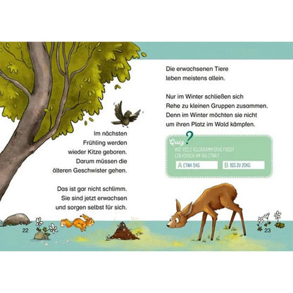 Innenseite des Kinderbuchs Tierkinder im Wald von Peter Wohlleben. Doppelseite mit Text über Rehe: Im nächsten Frühling werden wieder Kitze geboren, daher müssen die älteren Geschwister gehen. Rechts Informationen, dass erwachsene Rehe meist allein leben und sich nur im Winter zu kleinen Gruppen zusammenschließen. Illustrationen zeigen ein Reh, zwei kleine Vögel, einen Baum und eine Eule. Zusätzlich gibt es ein Quiz-Kästchen: „Wie viele Kilogramm Gras frisst ein Rehkind am Tag etwa?“ mit den Antwortmöglichk
