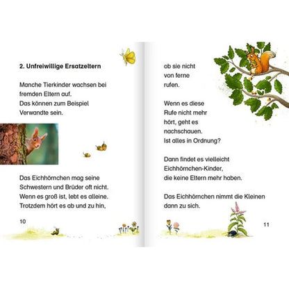 Innenseite des Kinderbuchs Tierkinder im Wald von Peter Wohlleben. Doppelseite mit dem Kapitel „Unfreiwillige Ersatzeltern“ über Tierkinder, die bei fremden Eltern aufwachsen. Links ein Foto eines Eichhörnchens, dazu Illustrationen von Schmetterlingen und Pflanzen. Rechts ein Eichhörnchen im Baum, umgeben von kindgerechten Zeichnungen.
