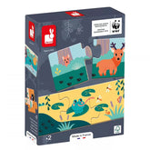 Puzzelschachtel mit Tiermotiven von Janod und WWF, mit Frosch und Reh auf der Verpackung.