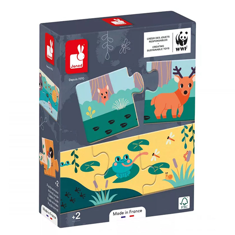 Puzzelschachtel mit Tiermotiven von Janod und WWF, mit Frosch und Reh auf der Verpackung.