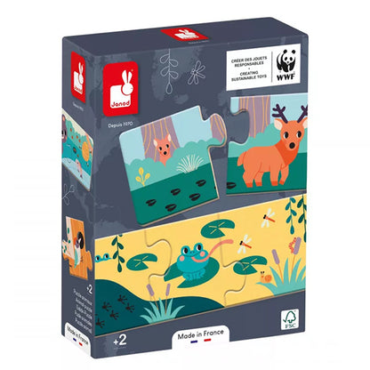 Puzzelschachtel mit Tiermotiven von Janod und WWF, mit Frosch und Reh auf der Verpackung.