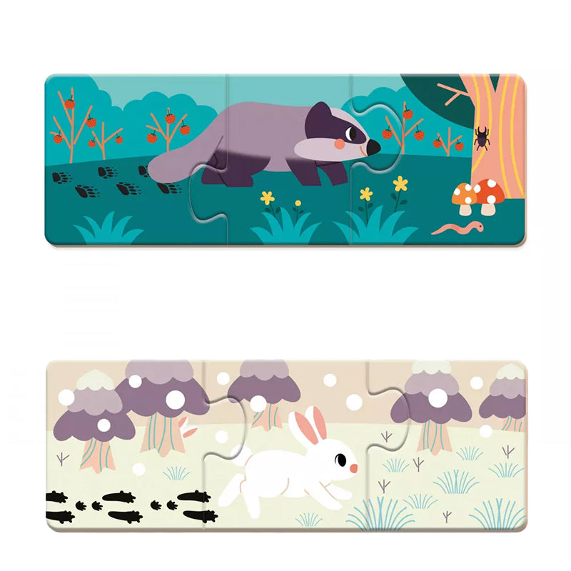 Zwei fertig zusammengesetzte Puzzle mit Dachs und Hase im Wald.