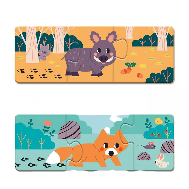 Zwei zusammengesetzte Puzzle mit Wildschwein und Fuchs in Waldlandschaften.