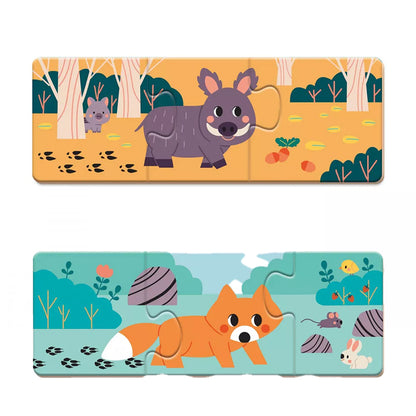 Zwei zusammengesetzte Puzzle mit Wildschwein und Fuchs in Waldlandschaften.