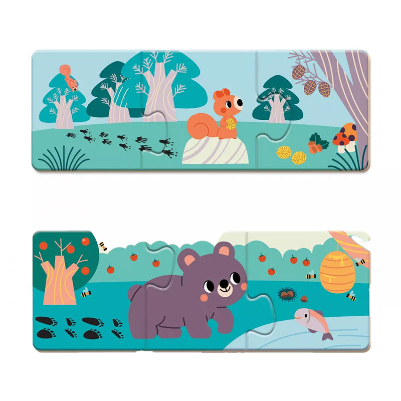 Zwei zusammengesetzte Puzzle mit Bär und Eichhörnchen in der Natur.