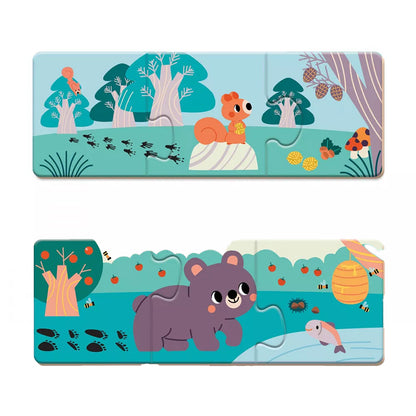 Zwei zusammengesetzte Puzzle mit Bär und Eichhörnchen in der Natur.