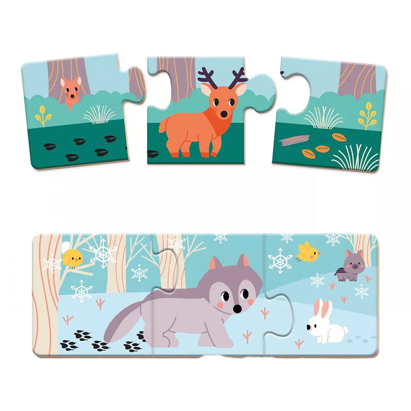 Puzzle mit Wolf und Reh im winterlichen Wald.