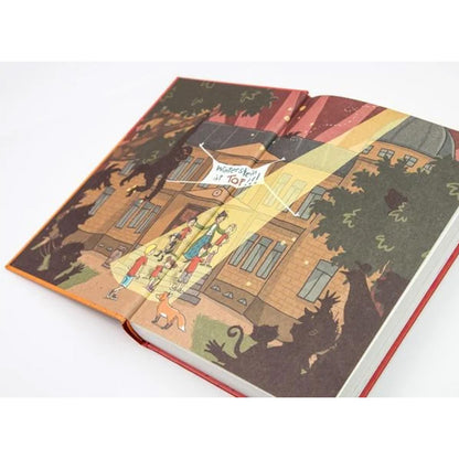 Buchseite: Farbillustration der Wintersteinschule bei Nacht – Kinder und Tiere stehen vor dem Gebäude, ein Lichtstrahl beleuchtet sie, und jemand ruft: „Winterstein ist top!!“