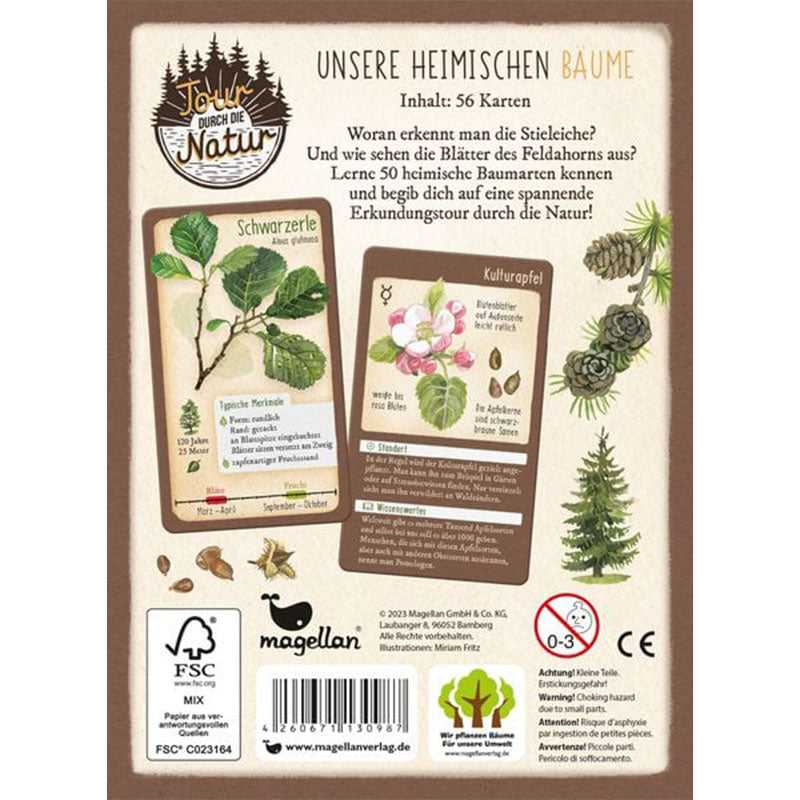 Rückseite der Box mit Beschreibung des Inhalts und Beispielkarten der Schwarzerle und des Kulturapfels.