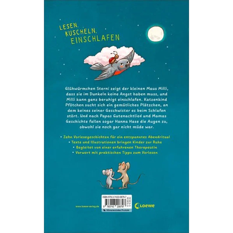 Buchrückseite von „Träum schön, mein lieber Schatz!“. Ein Vogel fliegt mit einem Glühwürmchen auf einer Wolke vor einem Nachthimmel, unten stehen zwei kleine Mäuse.