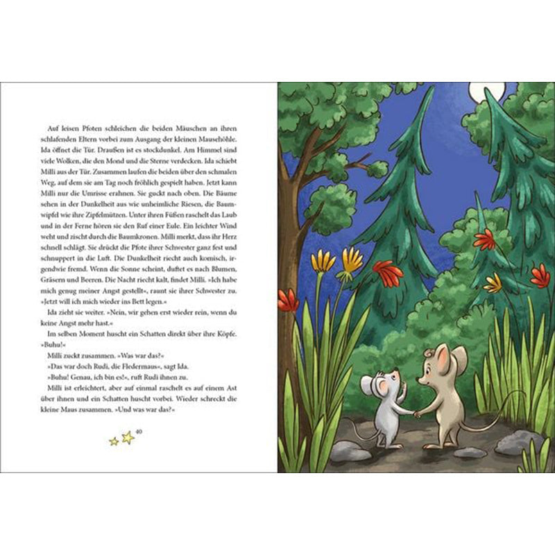 Buchseite. Zwei kleine Mäuse stehen im nächtlichen Wald zwischen hohen Gräsern und bunten Blumen und schauen sich ängstlich um.