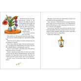 Buchseite. Links steht eine Vase mit Blumen auf einem Tisch, rechts schwebt eine kleine Laterne. Text füllt die Seiten.