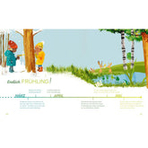 Buchseite. Zwei Kinder stehen am Rand eines Waldes, Schnee schmilzt und der Frühling beginnt. Rechts sind drei Hasen an einem Teich zu sehen.