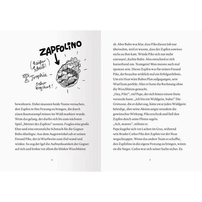 Zwei Seiten mit einer Zeichnung des „Zapfolino“, einem heiligen Tannenzapfen, der als Trophäe gilt. Der Text beschreibt, wie die Waldbewohner in Teams gegeneinander antreten und mit Geschick versuchen, den Zapfen zu erobern.