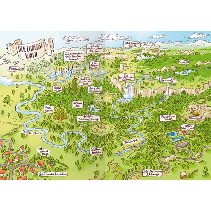 Eine farbenfrohe Karte mit der Überschrift „Der endlose Wald“. Sie zeigt Flüsse, Berge, Wasserfälle und Orte wie „Nirgendwo“, „Tiefenbruch“ und „Haus der Glühwürmchen“ – das Abenteuergebiet der Unterholz Ninjas.