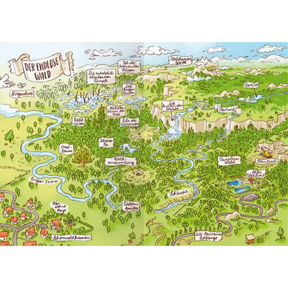 Eine farbenfrohe Karte mit der Überschrift „Der endlose Wald“. Sie zeigt Flüsse, Berge, Wasserfälle und Orte wie „Nirgendwo“, „Tiefenbruch“ und „Haus der Glühwürmchen“ – das Abenteuergebiet der Unterholz Ninjas.