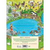 Buchrückseite von „Viel los im Wildpark!“. Beschreibung des Inhalts mit Wimmelbild im Wildpark: verschiedene Tiere am Wasser, Kinder, ein Förster und Informationen zum Naturkind-Label.