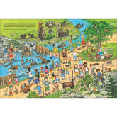 Innenseiten – Otter und Biber im Wasserbereich. Kinder beobachten Tiere, ein Tierpfleger füttert, überall Wimmel-Details mit Vögeln, Fischen und Waldbewohnern.