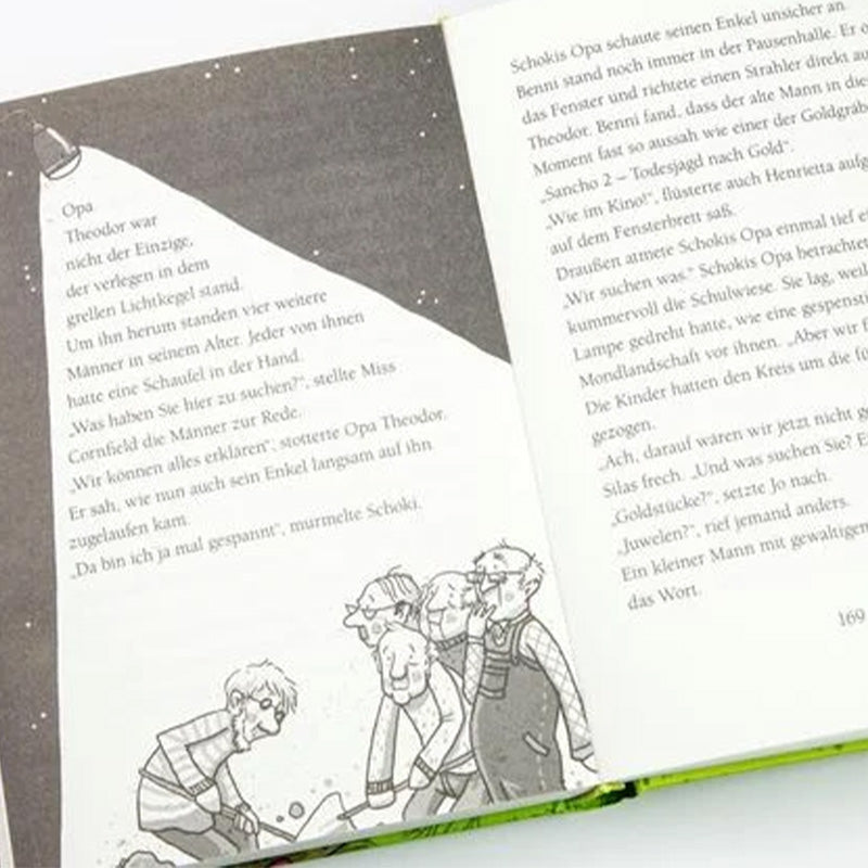 Buchseite: Schwarz-weiß-Illustration mehrerer Männer mit Schaufeln im Lichtschein, dazu Text – eine Szene, in der gegraben wird.