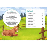 Buchseite: Ein gezeichnetes Fohlen liegt auf einer Wiese neben einem Holzzaun; daneben der Begrüßungstext und das Inhaltsverzeichnis.