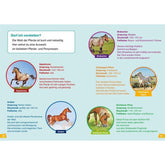 Buchseite: Fotos und Beschreibungen verschiedener Pferderassen, darunter Appaloosa, Brabanter, Camargue-Pferd, Araber und Dartmoor-Pony.