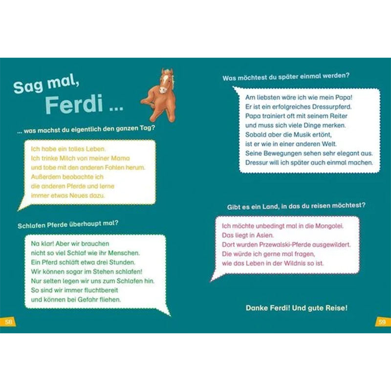 Buchseite: Illustrierte Fragen und Antworten mit dem Fohlen Ferdi über das Leben, Schlafen und Träume von Pferden.