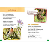 Buchseite mit Text über Frühling und Vogelkonzert, dazu Fotos von Buchfink und Amsel im Grünen.