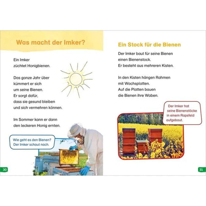 Buchseite. Links ein Imker in Schutzkleidung mit Bienenstock, rechts Bienenstöcke auf einem Rapsfeld. Die Texte erklären die Arbeit des Imkers und den Aufbau eines Bienenstocks.