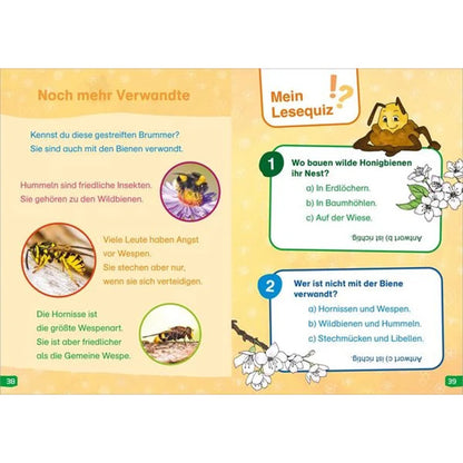Buchseite. Links Bilder von Hummel, Wespe und Hornisse, rechts ein Lesequiz mit zwei Fragen über Bienen und ihre Verwandten.