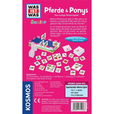 Rückseite der Spielschachtel mit Infos zum Spiel Was ist Was Junior – Pferde & Ponys, Abbildungen des Spielmaterials und Beschreibung der Spielregeln.