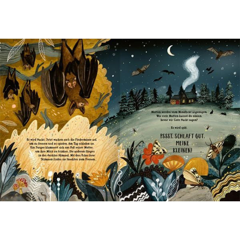 Nachtszene mit Fledermäusen, die in der Dunkelheit umherfliegen. Unten sieht man bunte Nachtfalter, im Hintergrund steht ein Haus mit rauchendem Schornstein unter einem Sternenhimmel. Der Text endet mit einer Gutenachtbotschaft: „Pssst. Schlaft gut, meine Kleinen!“