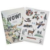 Stickerheft „Wald und ganz viel WOW!“ vom Waldpark Hochreiter mit illustriertem Ziegenmaskottchen auf einem Gokart und passenden Stickern mit Tieren und Parkmotiven.
