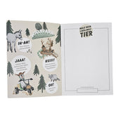 Innenseite des „WOW!“-Stickerhefts mit Illustrationen von Ziegen, Waschbären und Waldmotiven sowie einem Feld „Male dein Lieblingstier“.