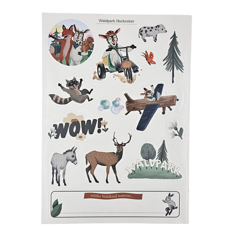 Stickerbogen des Waldparks Hochreiter mit bunten Tier- und Parkillustrationen wie Ziege, Hirsch, Waschbär, Baum, Flugzeug und „WOW!“-Schriftzug.
