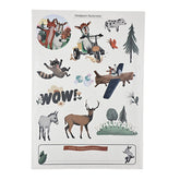 Stickerbogen des Waldparks Hochreiter mit bunten Tier- und Parkillustrationen wie Ziege, Hirsch, Waschbär, Baum, Flugzeug und „WOW!“-Schriftzug.