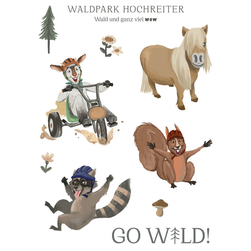 Tattoo-Bogen mit Illustrationen von Pony, Waschbär, Eichhörnchen, Pilz, Baum und Schriftzug „GO WILD!“ vom Waldpark Hochreiter.