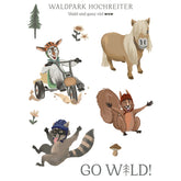 Tattoo-Bogen mit Illustrationen von Pony, Waschbär, Eichhörnchen, Pilz, Baum und Schriftzug „GO WILD!“ vom Waldpark Hochreiter.