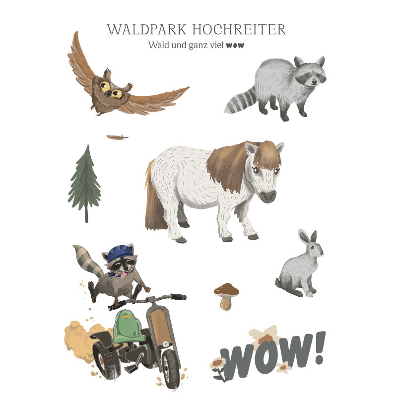 Tattoo-Bogen mit Illustrationen von Eule, Pony, Waschbär, Hase, Pilz, Baum und Schriftzug „WOW!“ vom Waldpark Hochreiter.