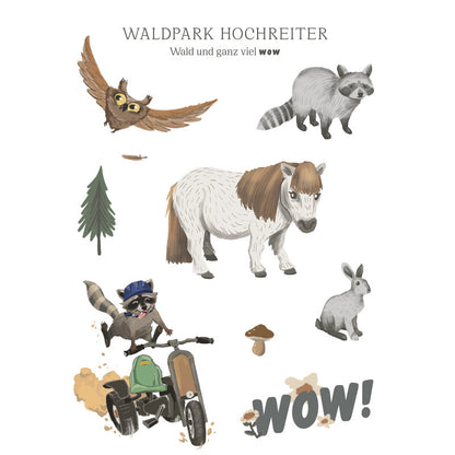 Tattoo-Bogen mit Illustrationen von Eule, Pony, Waschbär, Hase, Pilz, Baum und Schriftzug „WOW!“ vom Waldpark Hochreiter.