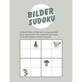 Bilder-Sudoku-Vorlage mit Symbolen eines Baumes, eines Tieres, eines Pilzes und einer Blume zum Ausmalen oder Einzeichnen.