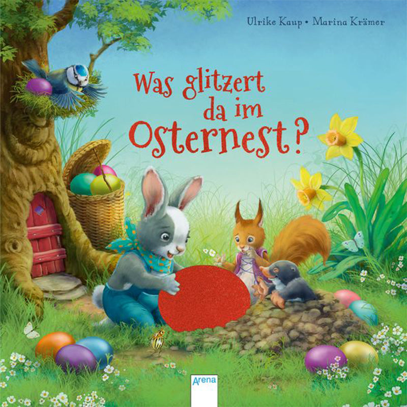 Buchcover „Was glitzert da im Osternest?“ mit Osterhase, Eichhörnchen und Maulwurf im Frühling.
