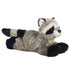 Ein weiches Plüschtier in Form eines Waschbären, grau mit schwarzen Pfoten, Ringelschwanz und typischer Gesichtsmaske.