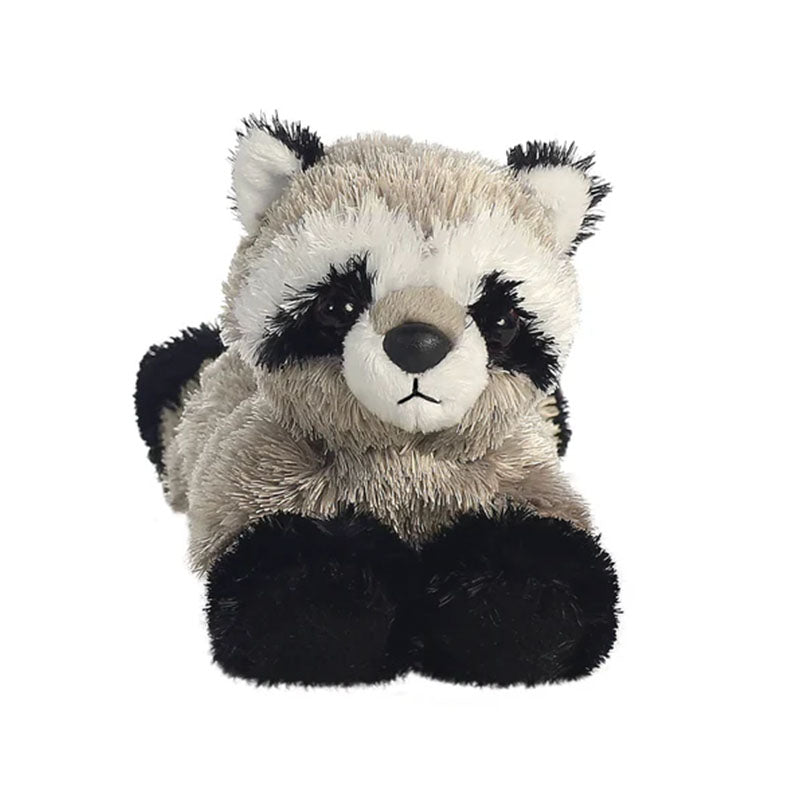 Vorderansicht eines kuscheligen Waschbären-Stofftiers mit schwarzen Pfoten und neugierigem Gesichtsausdruck.