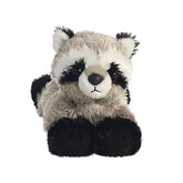 Vorderansicht eines kuscheligen Waschbären-Stofftiers mit schwarzen Pfoten und neugierigem Gesichtsausdruck.